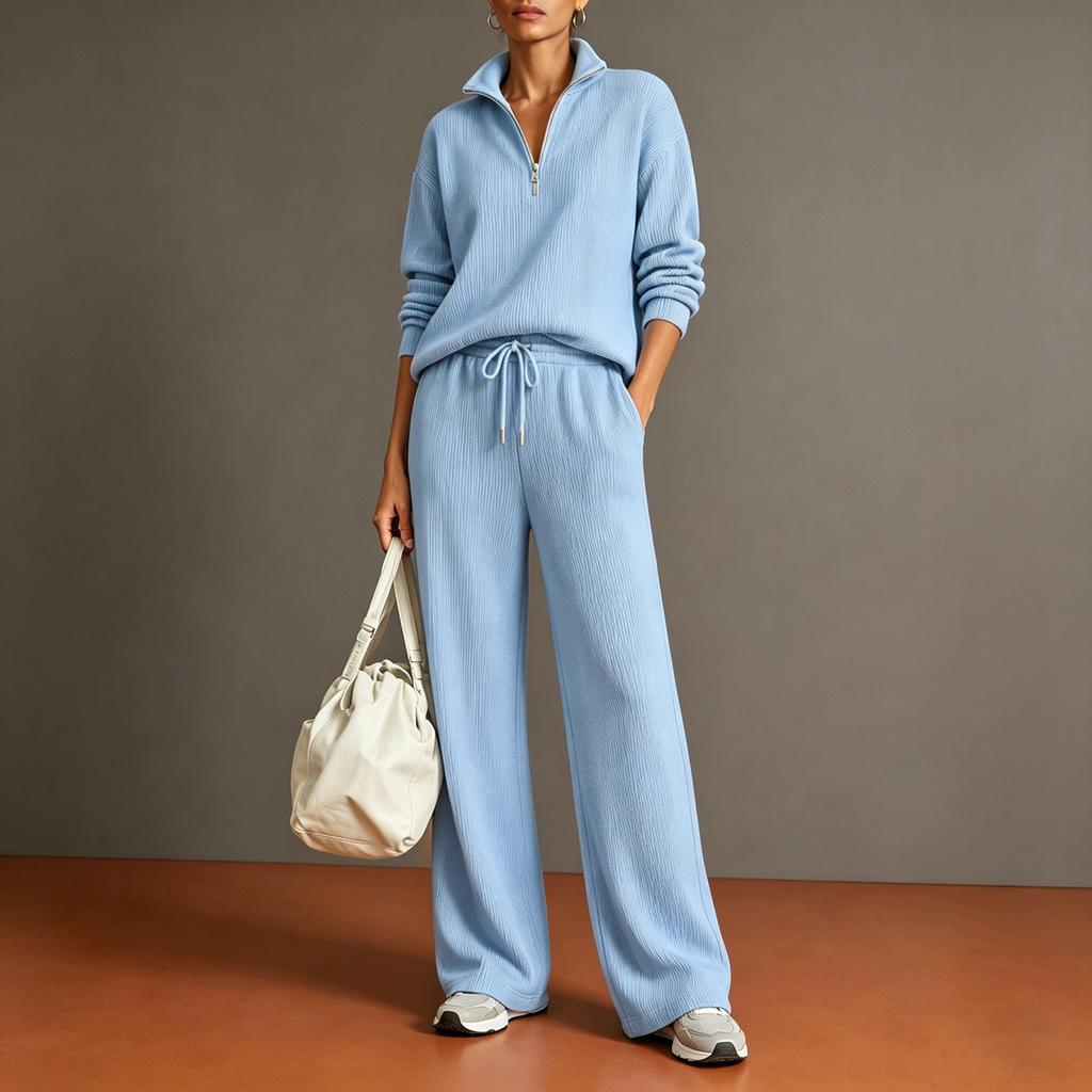 Women's Casual Half Zip Pullover Sweater and Wide Leg Pants Two Piece Set Lightweight Knit Loungewear Tracksuit for Everyday Wear