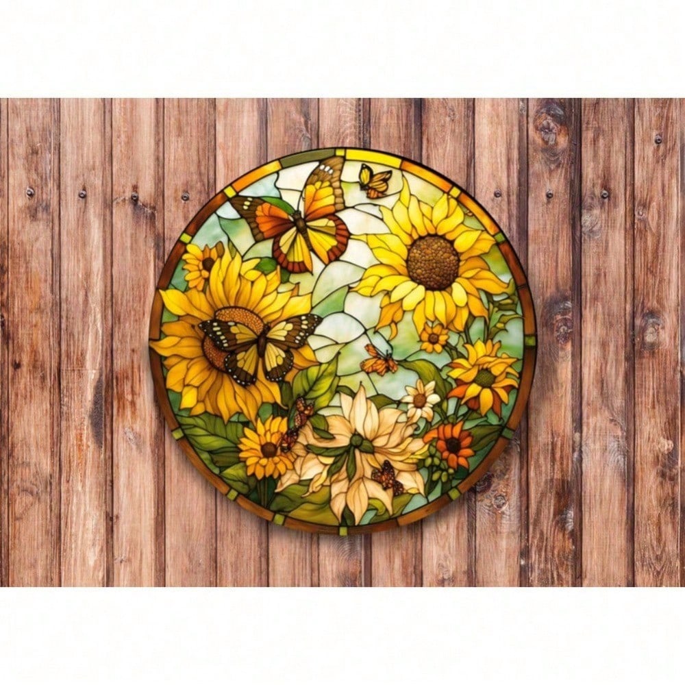 Vintage Metal Wreath Sign Butterfly Sunflower Stained Glass Window Wall Art Gothic Decor for Halloween Housewarming 20x20 разноцветный