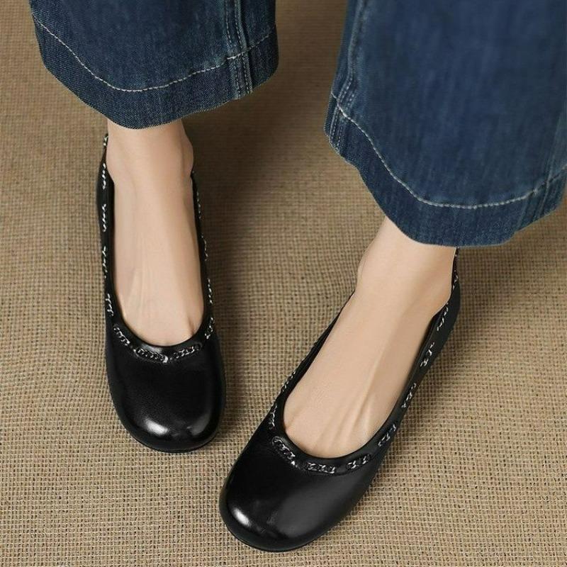 Mode svarta rundnos platt-sula enkla skor dam nya höst mångsidiga lågklackade mjuk-sula djup urringning damskor