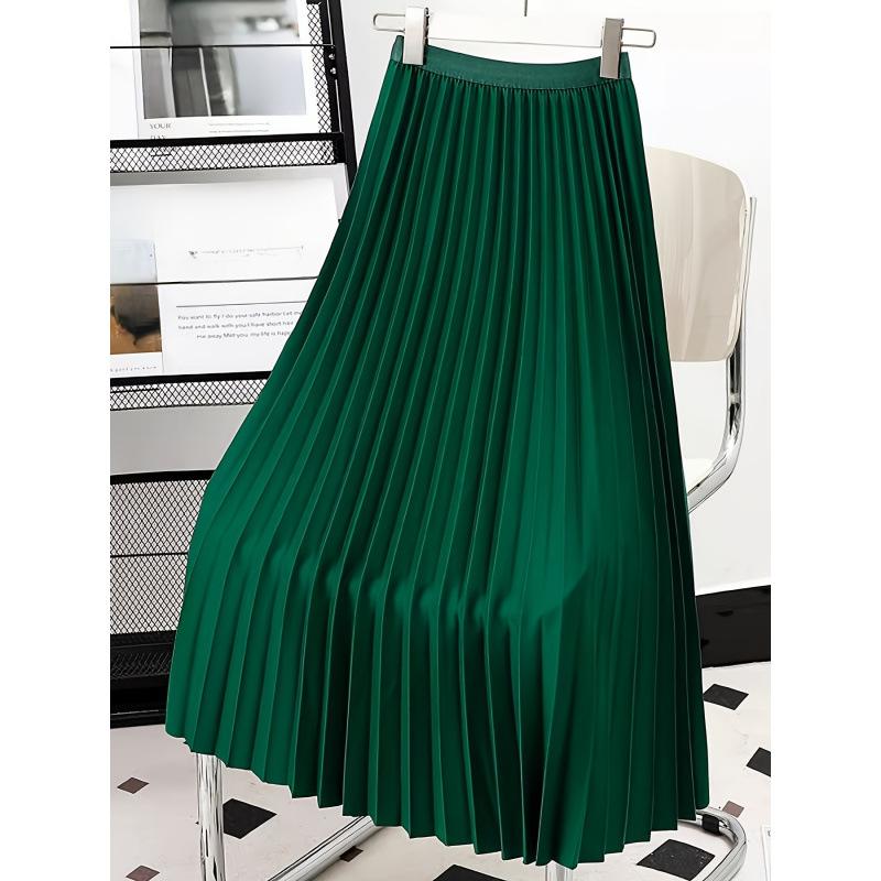 Women's Boho Satin Metallic Pleated Skirts Elastic High Waist Flowy A Line Skirt High Elastic Waist Pleated Chiffon Skirt Midi Swing A-line Skirts