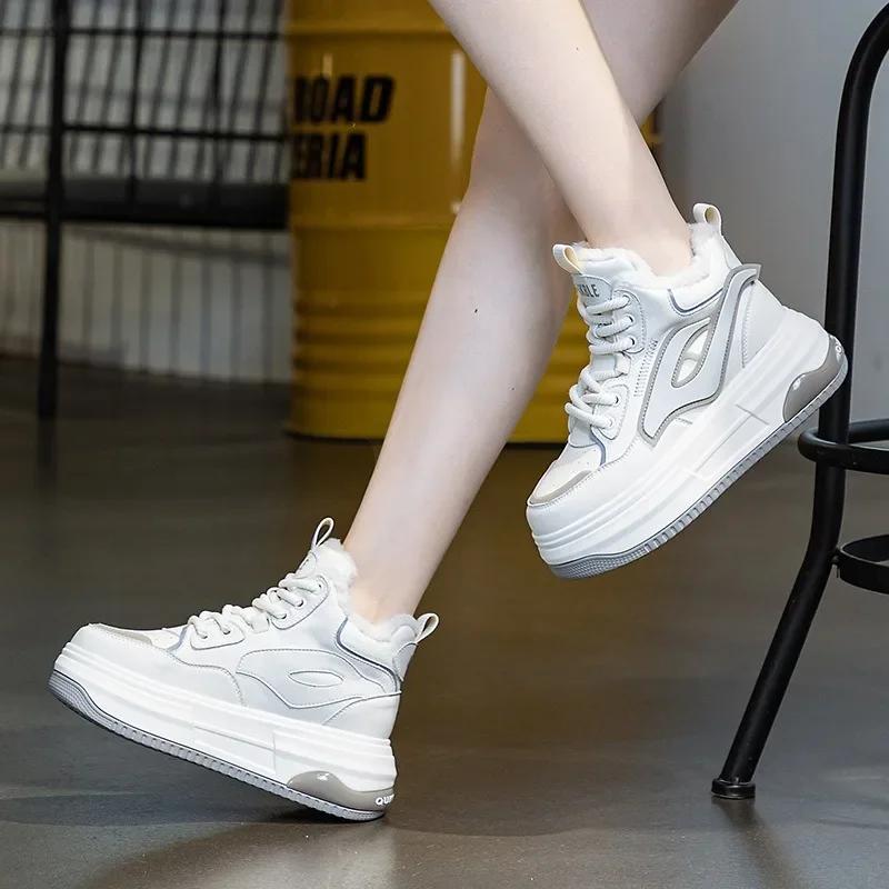 Top Quality 7CM Genuine Leather Women Shoes Women  2024 Autumn Warm Fur Winter Combat Boots Ankle Platform Sneakers Boot Booties