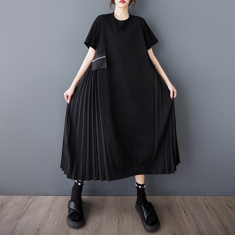 Short Sleeve Plus Size Vintage Black Pleated New In Dresses for Women Casual Loose Long Summer Dress