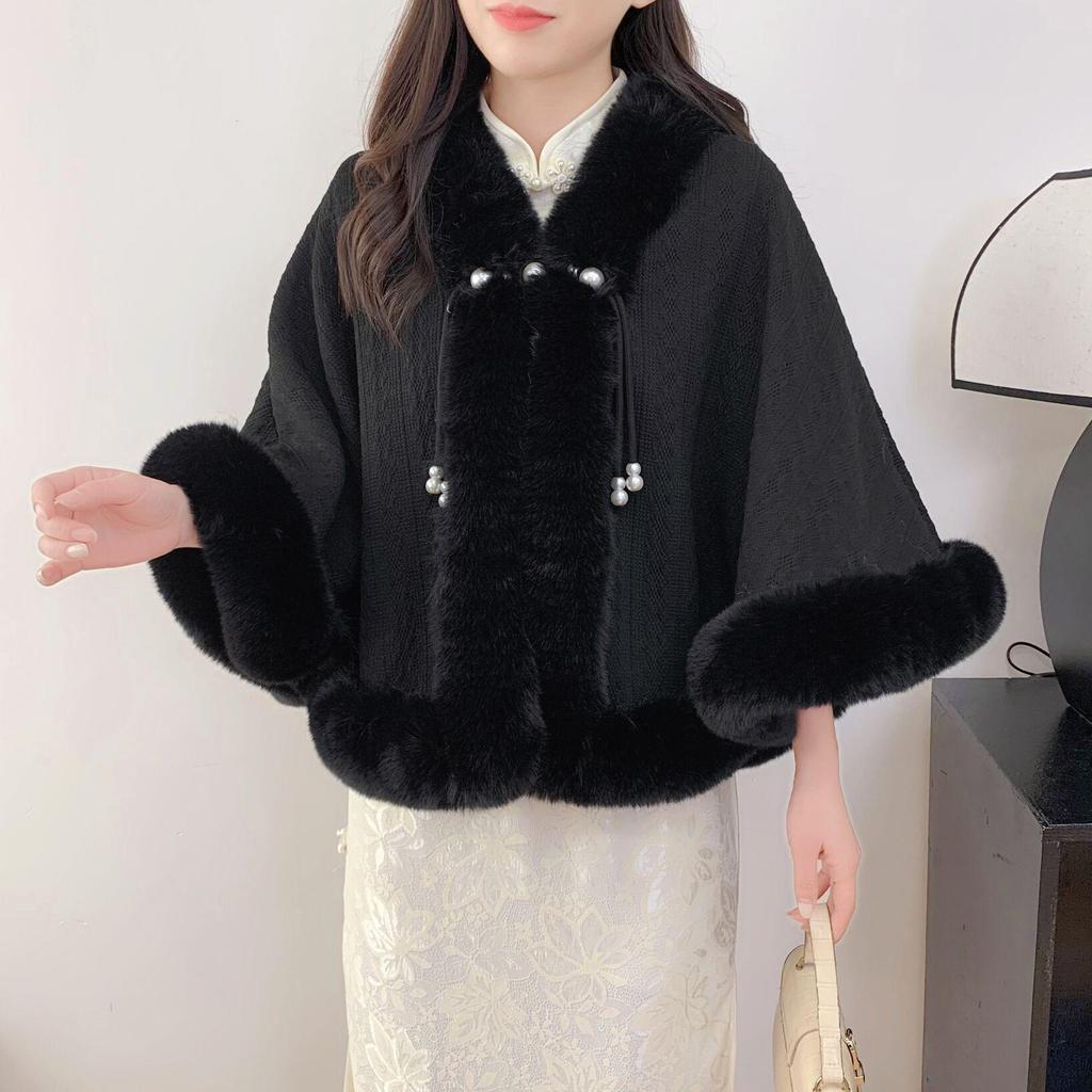 Small Cape Shawl Jacket Women'S Short Printed Velvet Thickened Rex Rabbit Hair Collar Sleeveless Cheongsam Wedding Dress