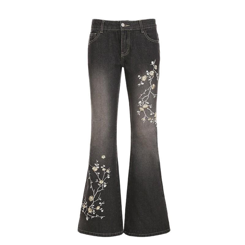 Women's Retro Low-Waist Flared Jeans with Floral Embroidery