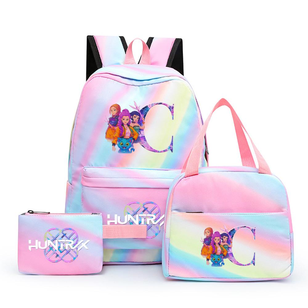 3 Stück/Set Anime Cartoon 26 Englische Buchstaben Bedruckter Rucksack mit Lunchtasche Mäppchen für Teenager Mädchen Junge Schultasche Großes Fassungsvermögen Reisetasche