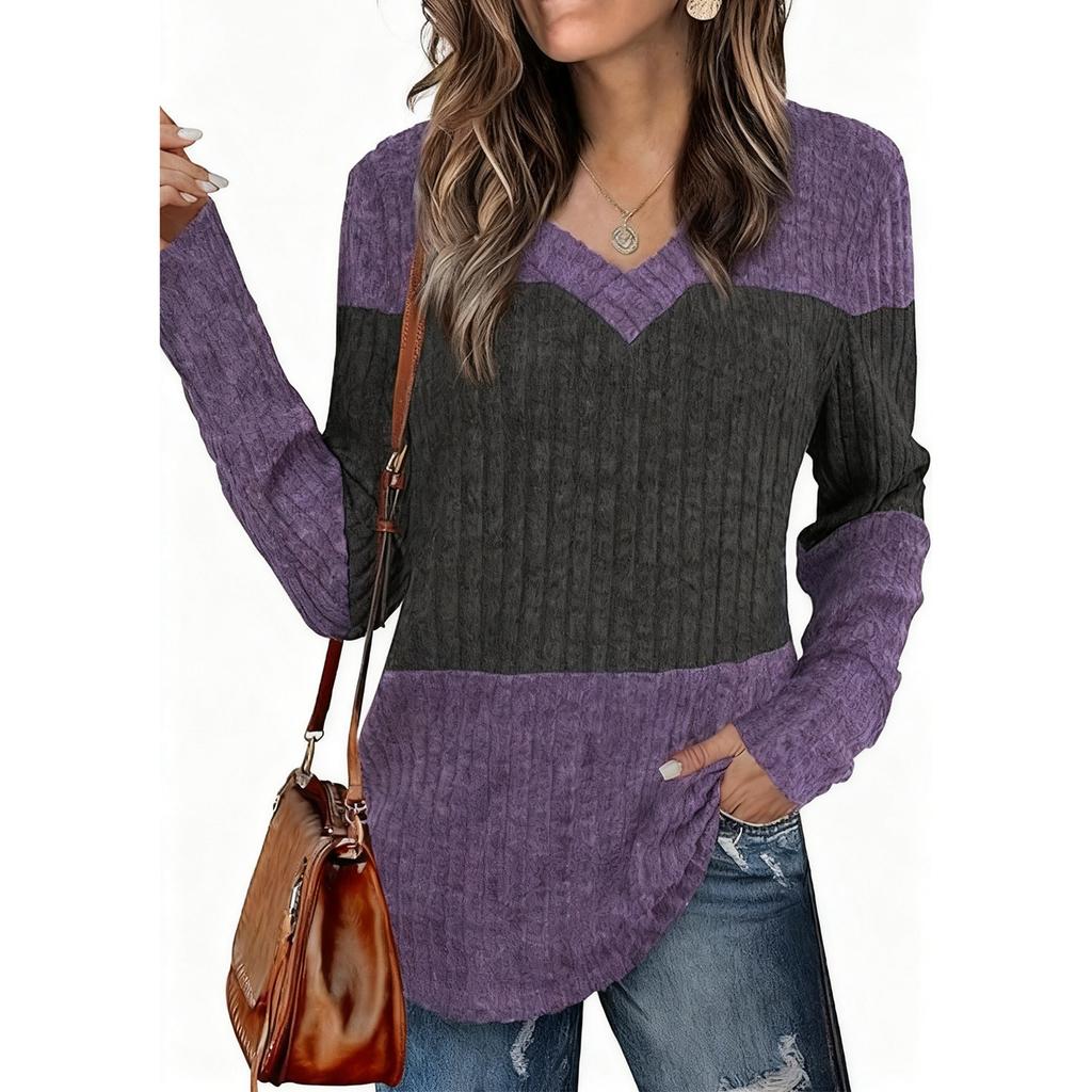 Women's V-neck Long-sleeved Patchwork Fitted Top T-shirt