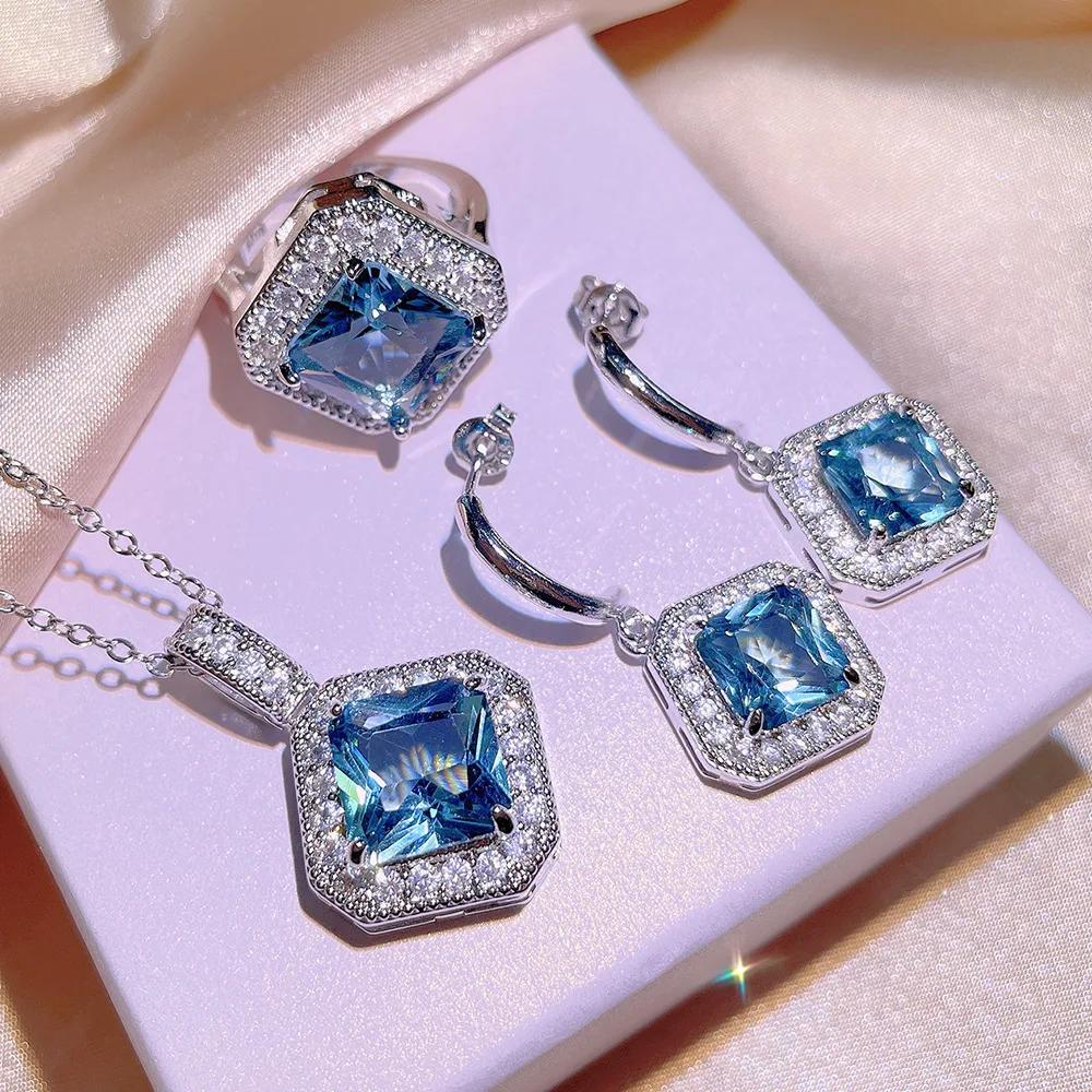 Fashion Square Sapphire Set Pendants Earrings Ring Sterling Silver Sets Fashion Bridal Decoration Colorful Gifts