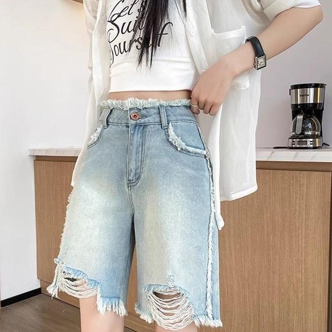 Women's 2026 High-Waist Light Blue Raw Hem Denim Shorts - Ripped, Wide-Leg, Mid-Length
