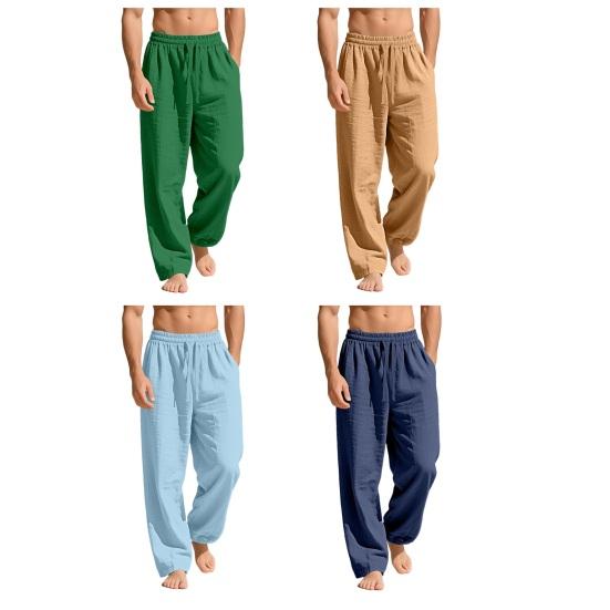 Mens Linen Wide Legs Pants Summer Solid Color Loose Casual Pants Breathable Drawstring Elastic Waist Straight Trousers with Pockets