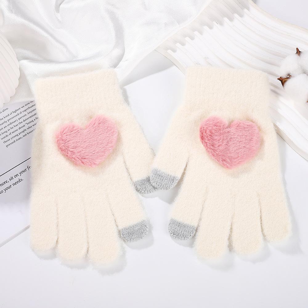 Plush warm gloves love winter plus velvet cute finger touch screen to prevent cold student girls princess style, suitable for cy