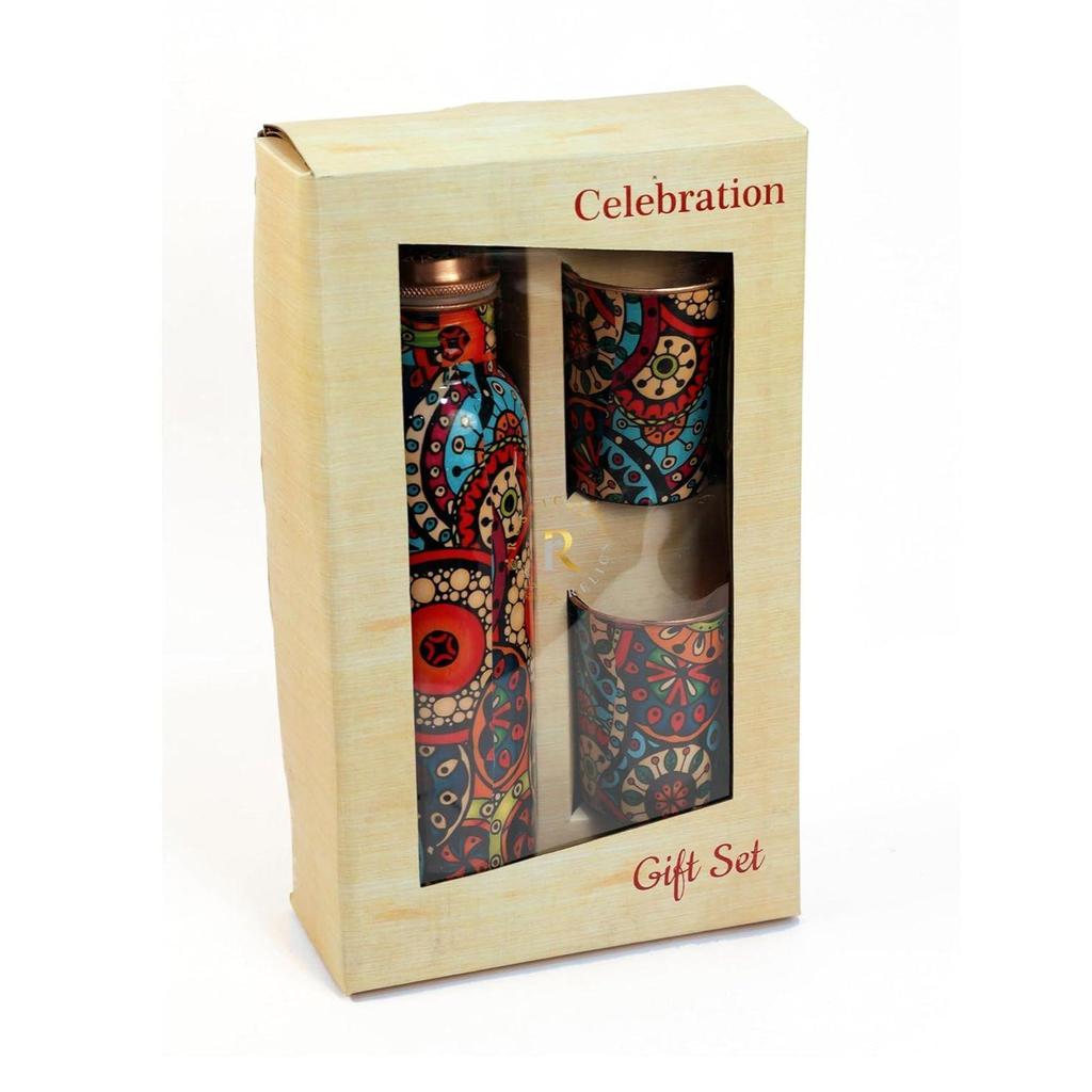 Pure Copper Water Bottle 1L With 2 Glass Set Hand Made | With Meena Mandala Print - A Fusion of Tradition and Style