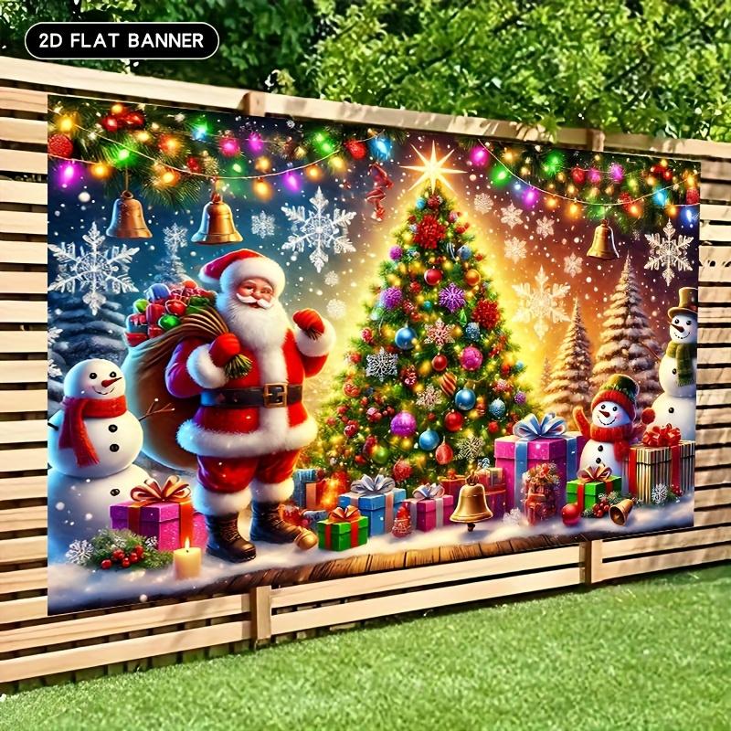 1pc 2D Flat Christmas Tree and Snowman Background Banner - Vibrant Holiday Wall Decoration with Snowflakes and Santa Claus, No P