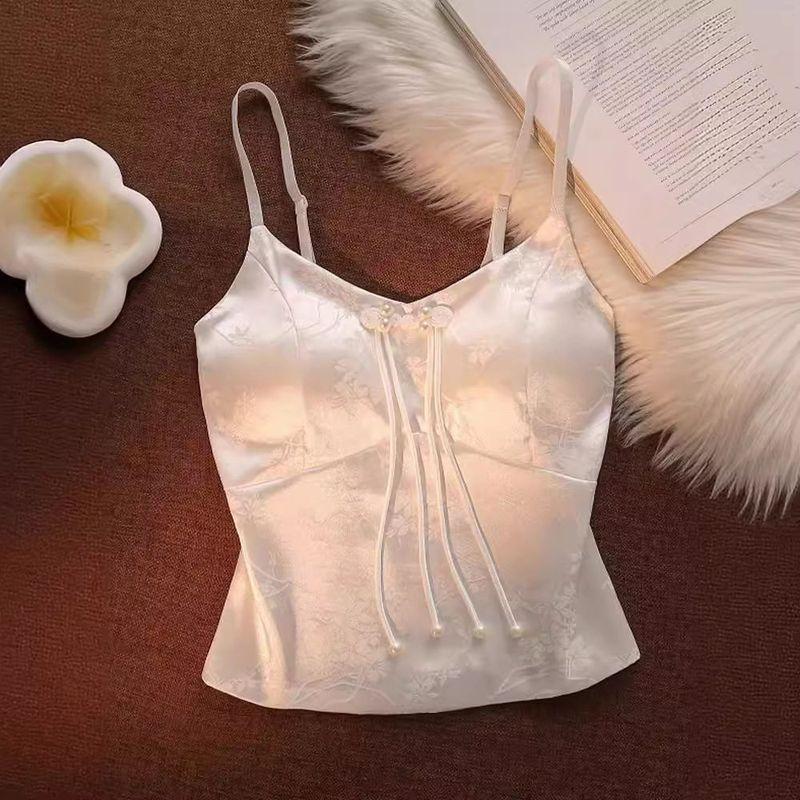 New Chinese-Style Satin Printed Camisole with Chest Pads, Adjustable Vest for Women, Perfect for Summer Suits and Showcasing a Beautiful Back