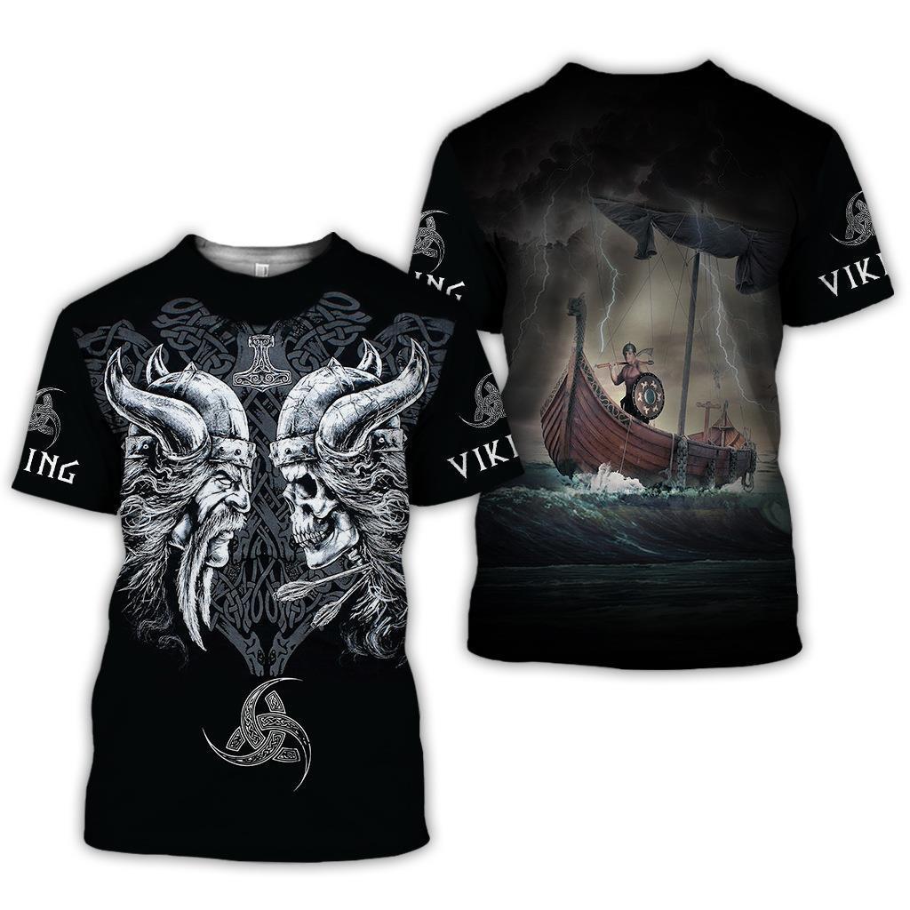 Summer Round Neck 3D Viking Tattoo Print Top Fashionable Casual Short Sleeved Men's T-shirts