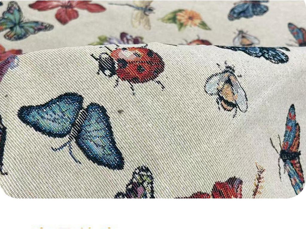 Pastoral Jacquard Color Weave Fabric: Insect & Butterfly Design for Clothing, Tablecloths, Bags, Handbags, and Sofas.