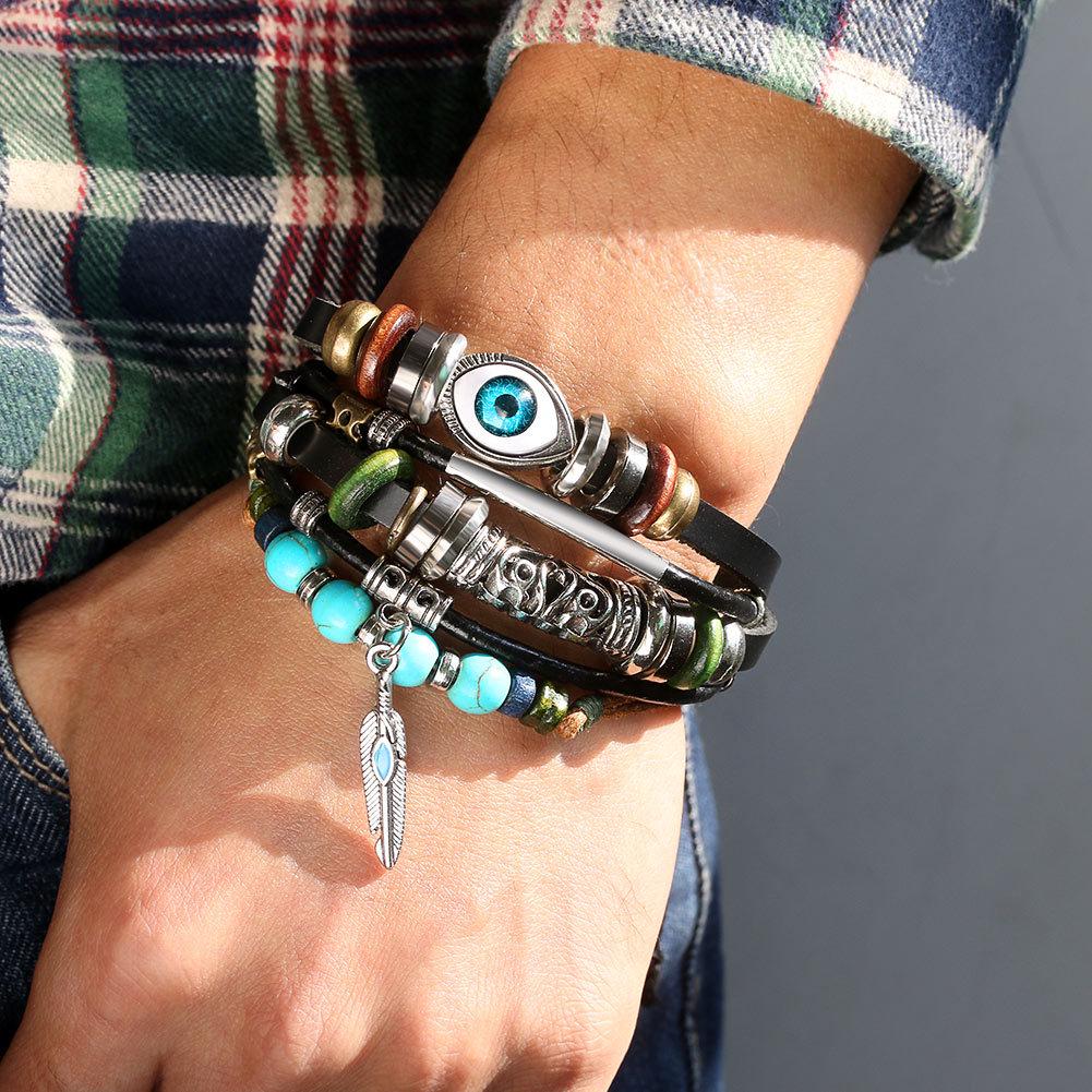 Retro Sunflower Evil Eye Beaded Multi-Layer Bracelet, Punk Ethnic Style with Turquoise Leather