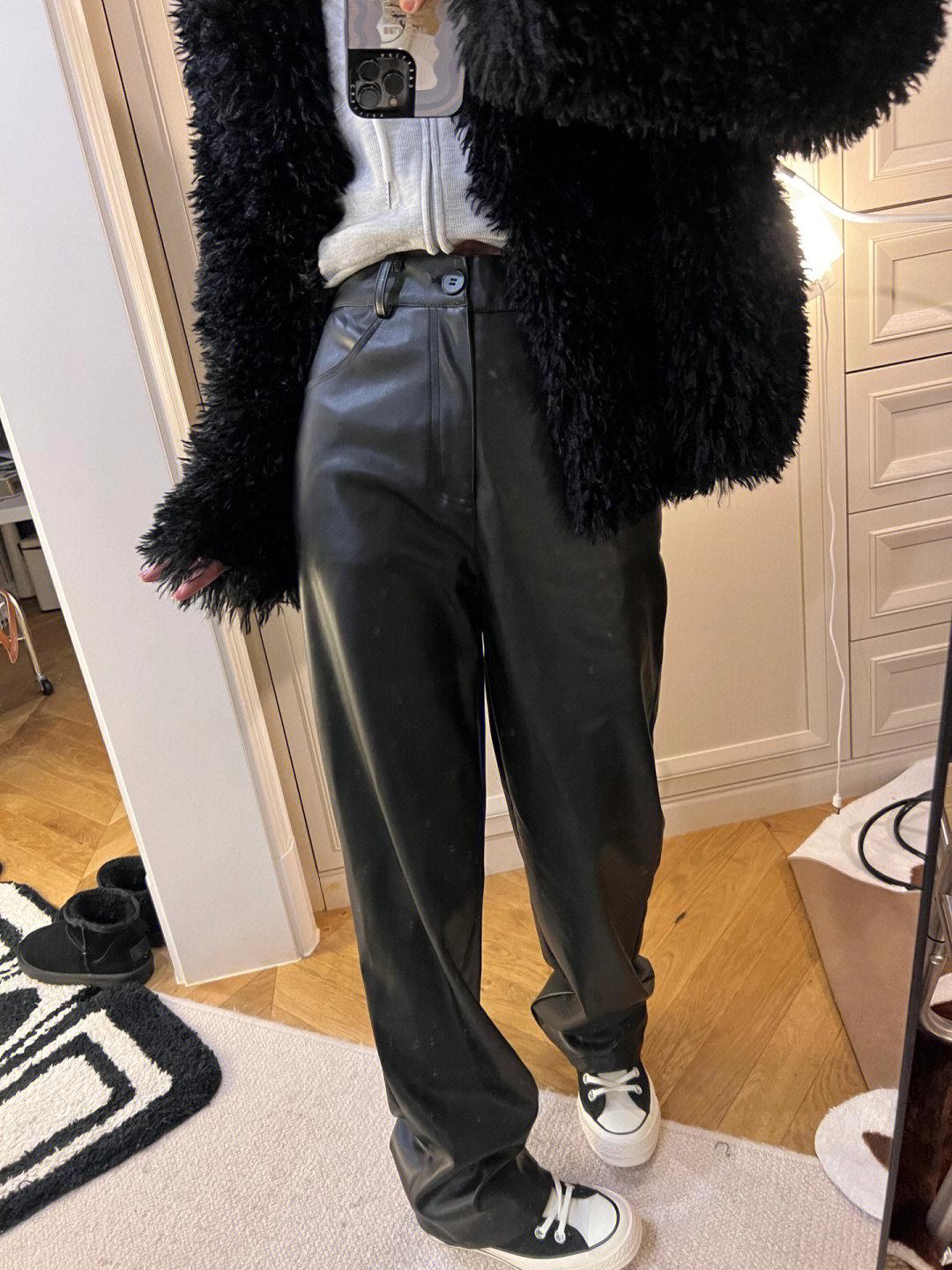 

Slightly Plump Women s High-Waisted Casual Wide-Leg PU Leather Pants - Petite, Floor-Length, Autumn/Winter M чёрный