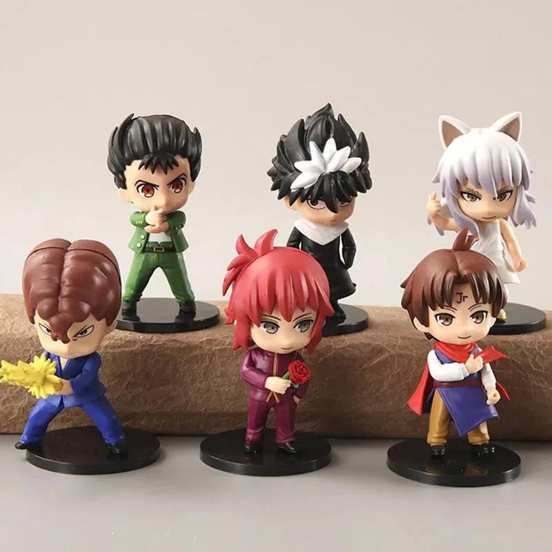 BANDAI Conjunto com 6 Peças Figura de Anime YuYu Hakusho Yuusuke Urameshi Kurama Sombra Fugaz PVC Fofa Versão Q Modelo Presente de Alta Qualidade para Crianças Brinquedos