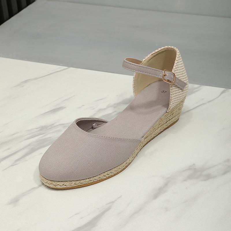Fashion Baotou Sandals for Women's 2025 Summer Grass Woven Hemp Rope Slope Heel Shoes Women Round Toe Thick Sole Buckle Womens Sandals