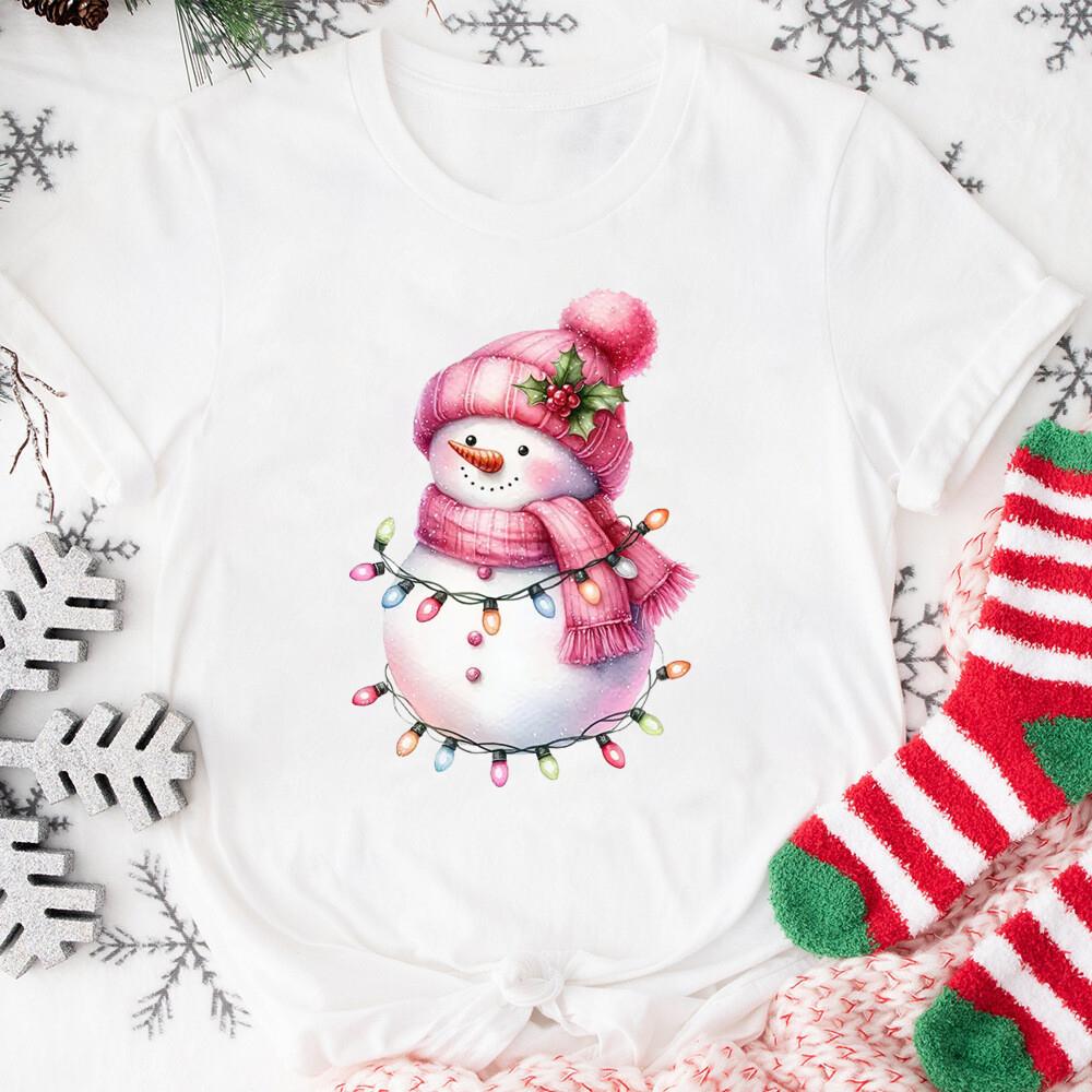 Christmas Pink Snowman T-shirt Christmas Activities TShirts Women Unisex Casual Tops White T-Shirt Graphic TShirt Streetwear