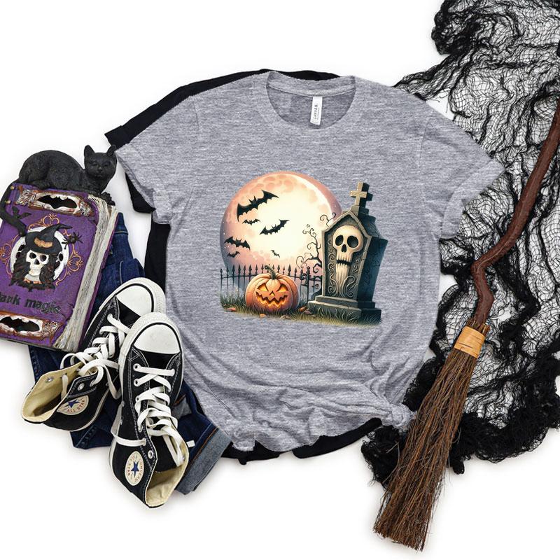 Pumpkin Skeleton Horror Halloween Tshirt Women Spooky Season Shirt Horror Pumpkin Graphic T Shirts Women Skeleton Halloween Top