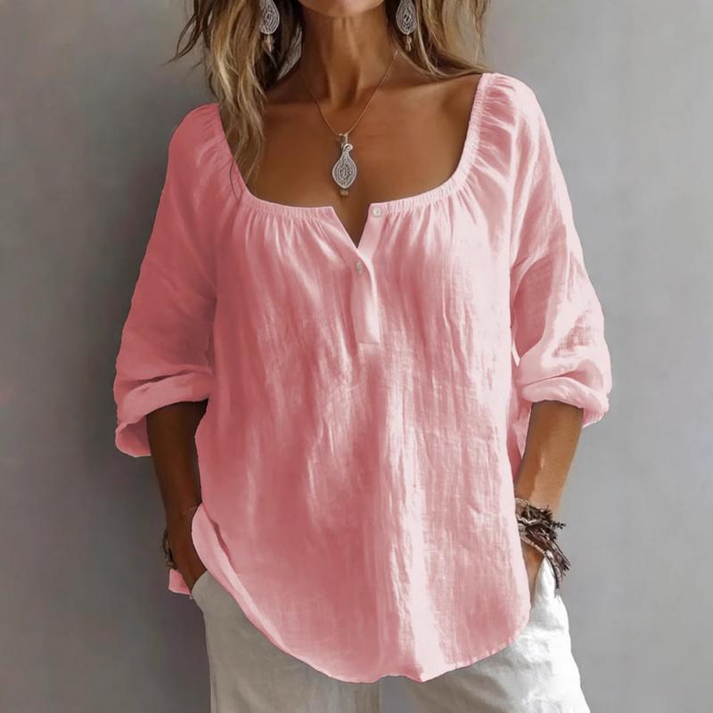 2026 New Women's Casual V-Neck Long Sleeve Loose Solid Color Simple T-Shirt