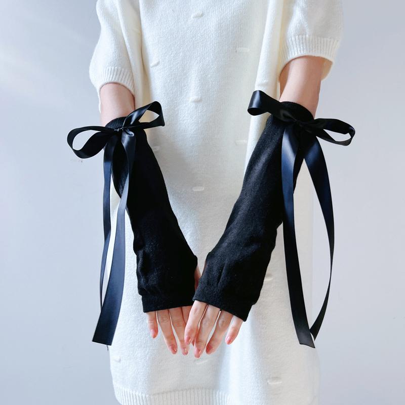 

Elegant Ribbon Decorative Long Fingerless Gloves Cute Bowknot Hand Sleeves Teens Girls Knitted Arm Sleeves Dress Accessories