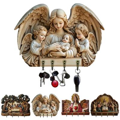 Wall Mount Key Holder Wooden Carving Jesus Themed Key Organizer Multi-purpose Home Office Entryway
