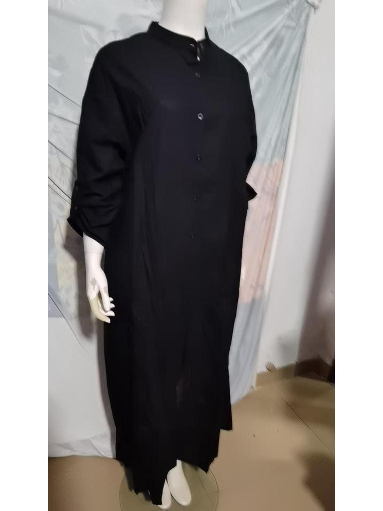 Rochie lungă casual din bumbac și in cu buzunar și guler cămașă, Mărime mare, 2024