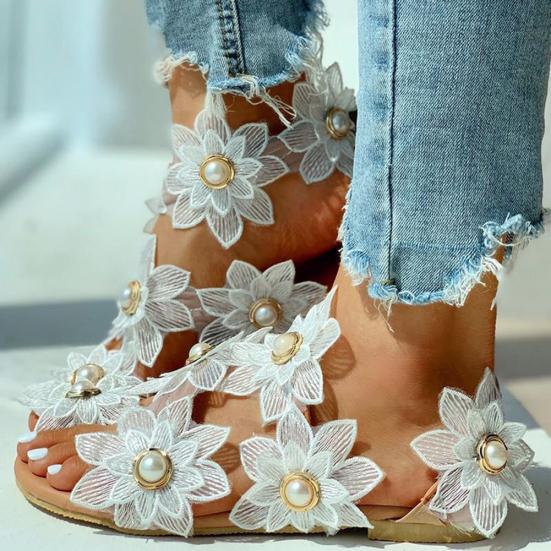 Dame Mode Blonder Blomster Kunstige Perler Indlagt Sko Sommer Klips Tå Flade Sandaler