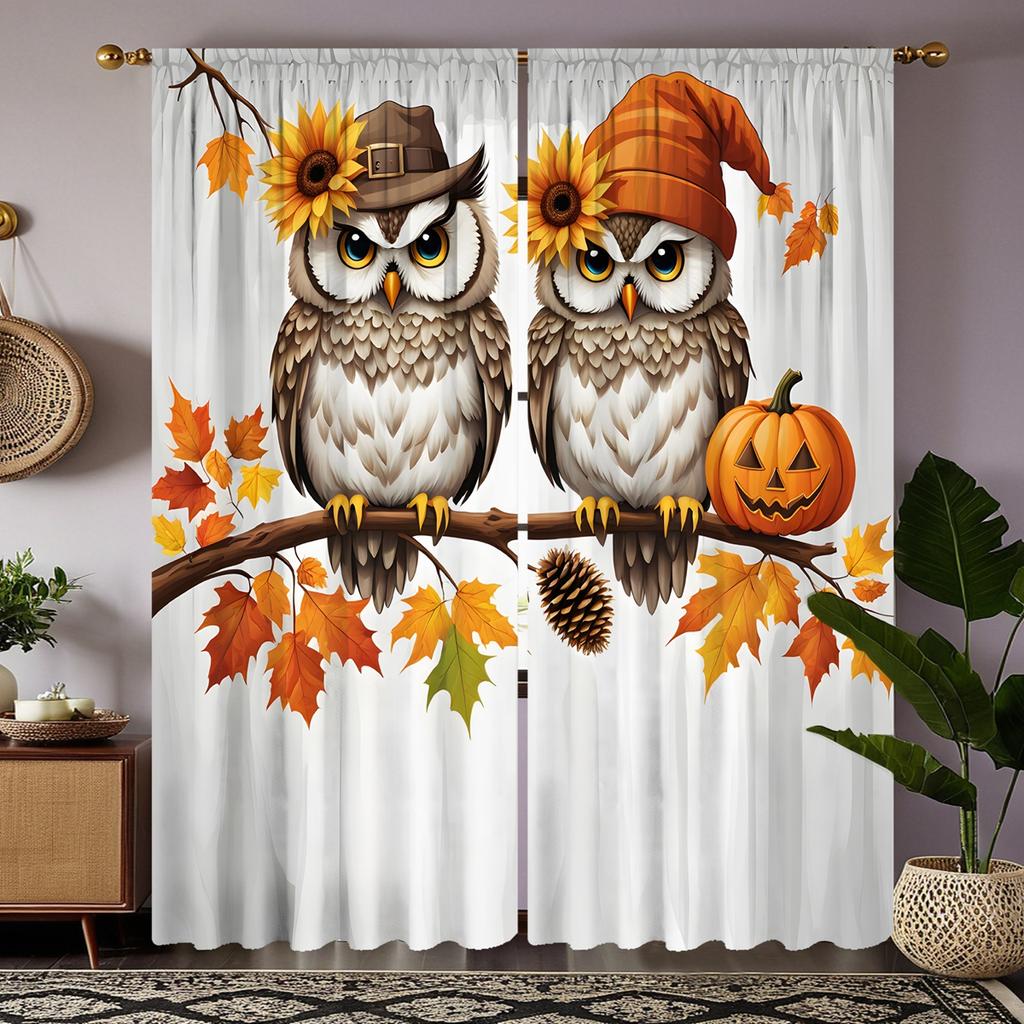 Set Hd Halloween Owl Maple Tree Decorated Curtain Santa Hat White Tie Digital Printed Home Decoration St Curtains Of 2 Made Polyester