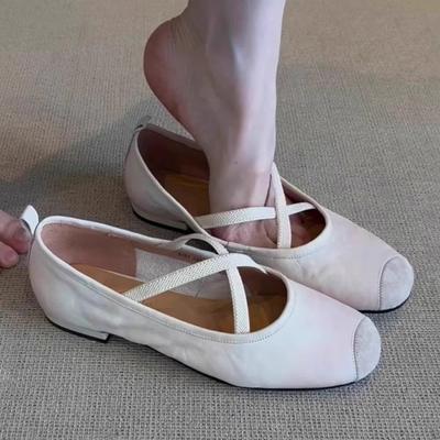 Super Soft Lambskin~ Retro French Single Shoes Women's Flat Ballet Shoes Shallow Mouth Evening Shoes Cross Belt Mary Jane Shoes