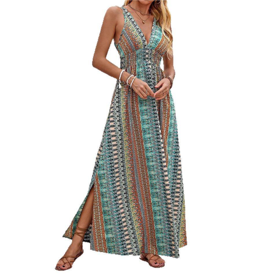 European and American Summer New Vacation Fashion Waist Deep V Printing Sleeveless Dress