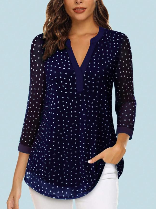 Women's European & American V-neck 3/4 Sleeve Printed Chiffon Loose Plus Size Top