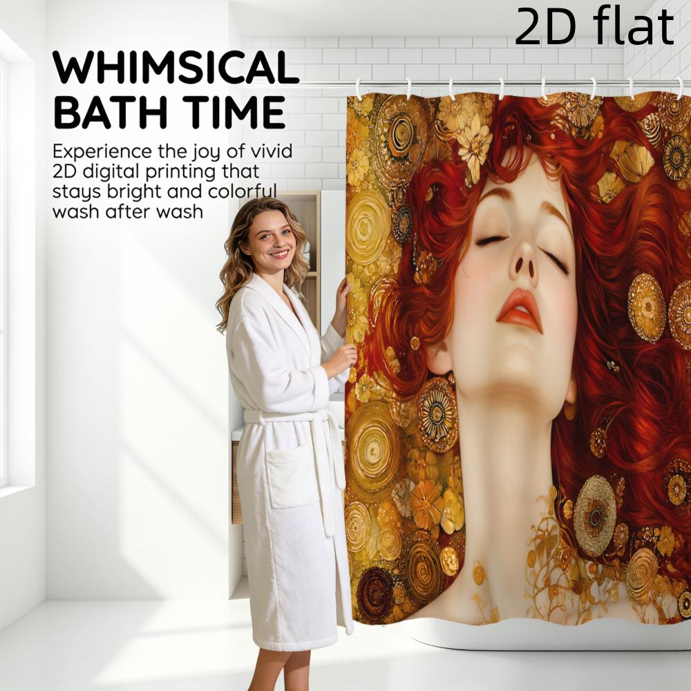 Waterproof Luxury Shower Curtain Red Hair Portrait Gold Abstract Bohemian Art Print Bathroom Decor Shower Liner for Modern Bathr