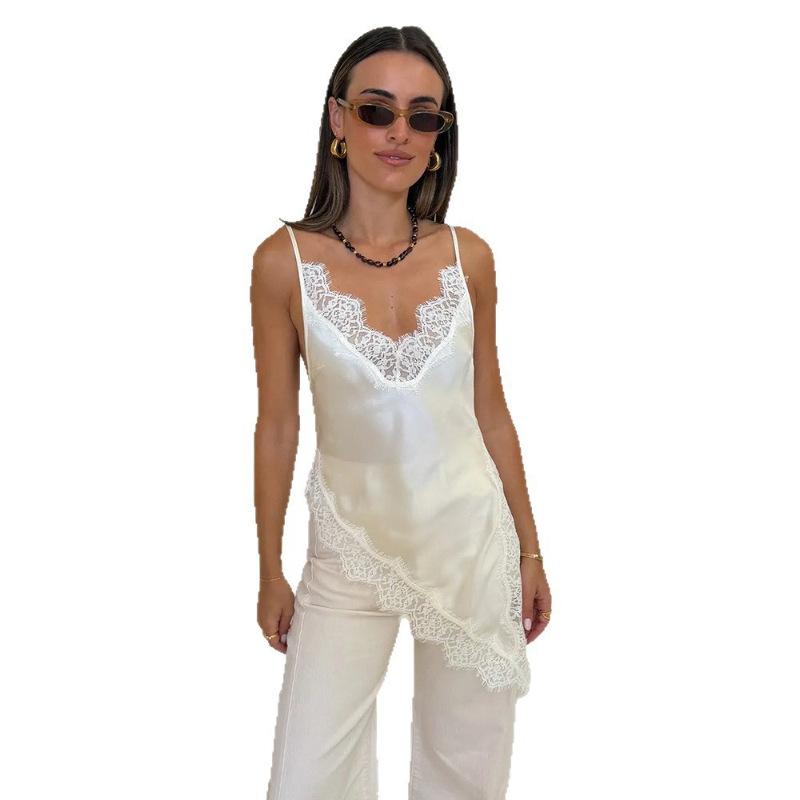 

European and American style summer new lace lace suspender vest sexy low-cut backless T-shirt L білий
