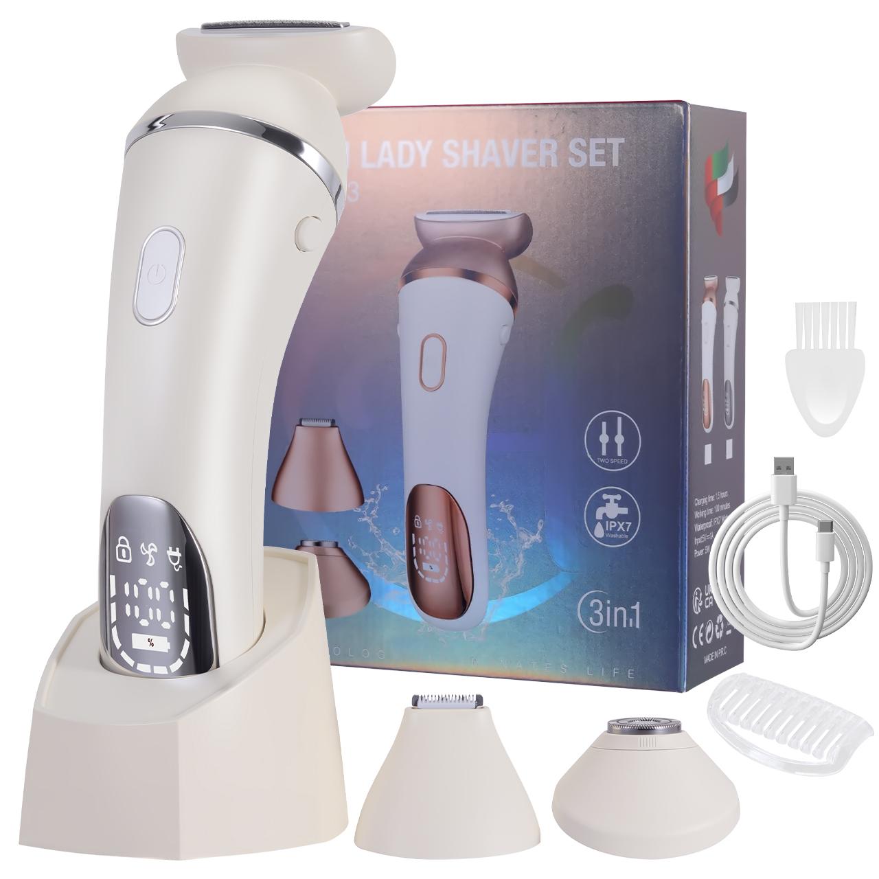 

Женский эпилятор-бритва для влажного/сухого использования, триммер для подмышек и интимной зоны, инструмент для удаления волос, умный перезаряжаемый, с тремя головками белый