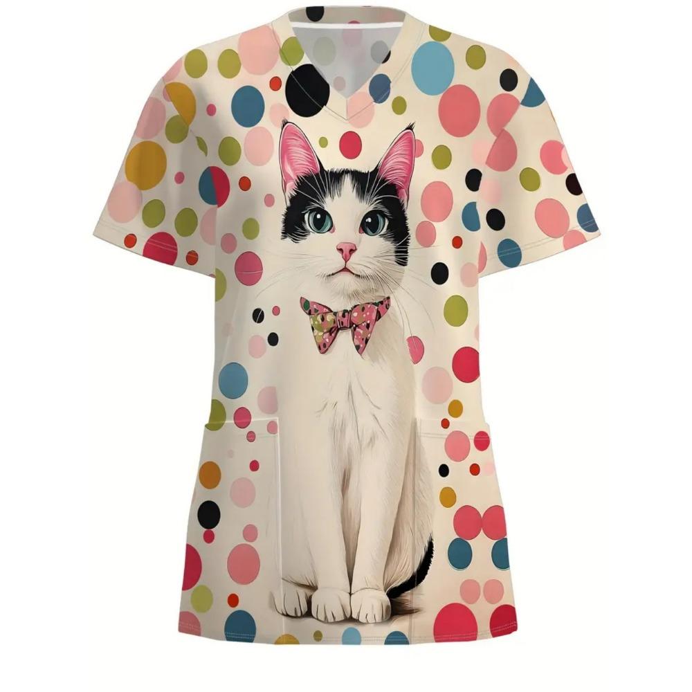 

Veterinary Cat Cartoon Print Medical Uniforms Woman Fashion V-Neck Pocket Healthcare Scrub Leisure Dentist Uniform Nurse Woman 5XL