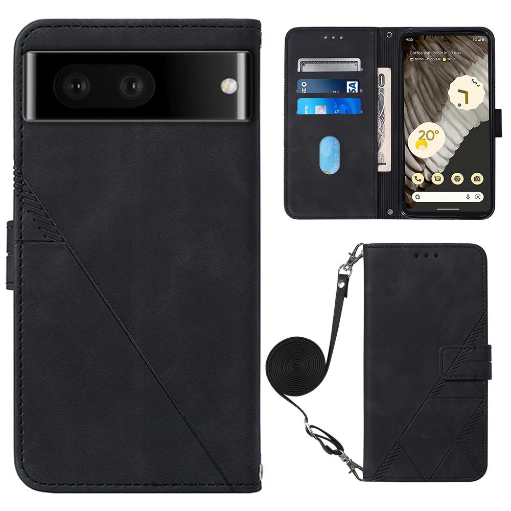 

For Google Pixel 8 Pro Leather Case with Shoulder Strap Wallet Stand Phone Cover Black