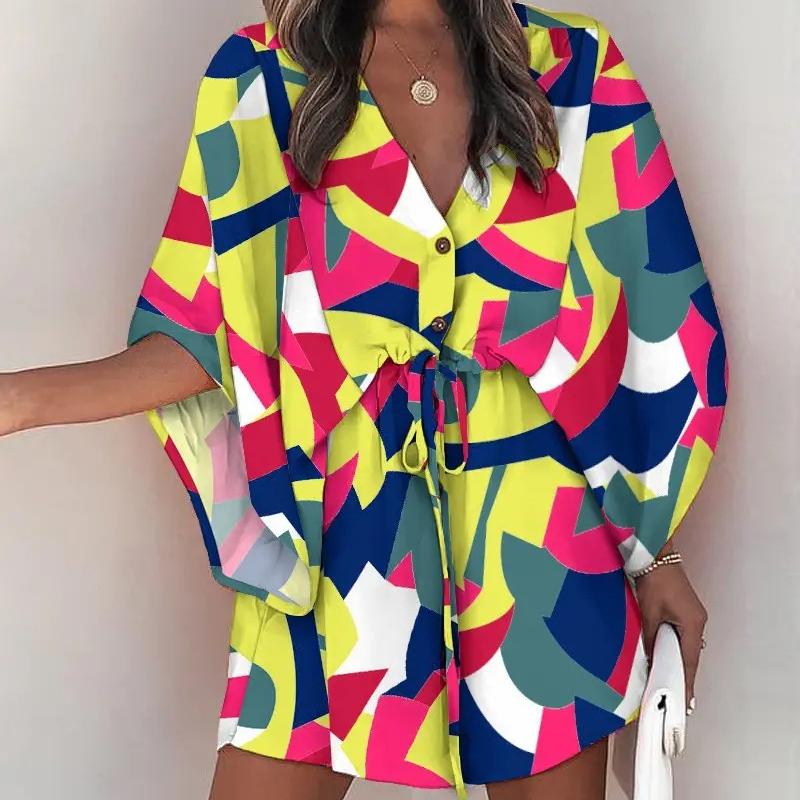 BITCED Women's Summer Batwing SleeveV-neck Lace-up Casual Resort Dresses