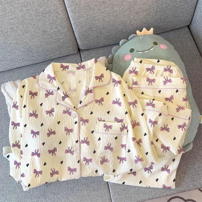 Girl Sweet Long-Sleeved Pajamas Women'S Spring Bow Trousers Lazy Loungewear Can Be Worn Outside Set