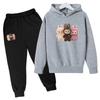 Children's Winter and Spring Hooded Sweatshirt for Girls Aged3to13 with Cartoon Doll Pattern Design Top and Pants Set Pounds