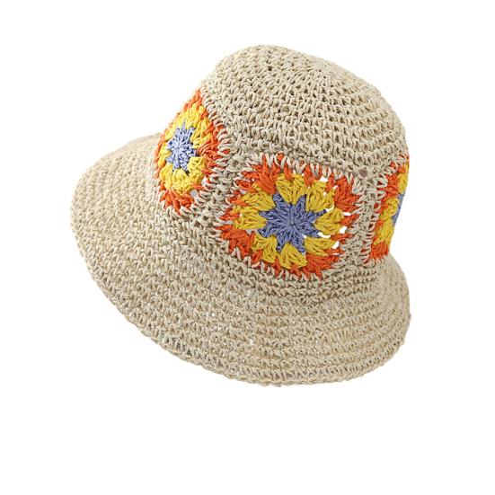 

Straw Hat Bohemian Floral Pattern Foldable Beach Hat Wide Brim Hollow Design Bucket Hat Breathable Summer Accessory