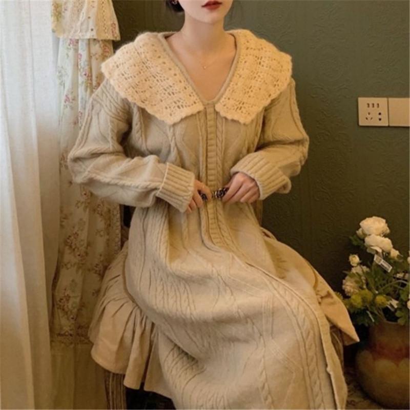 

Retro gentle knitted dress for women s autumn and winter new loose and lazy style medium and long inner sweater skirt one size fits all