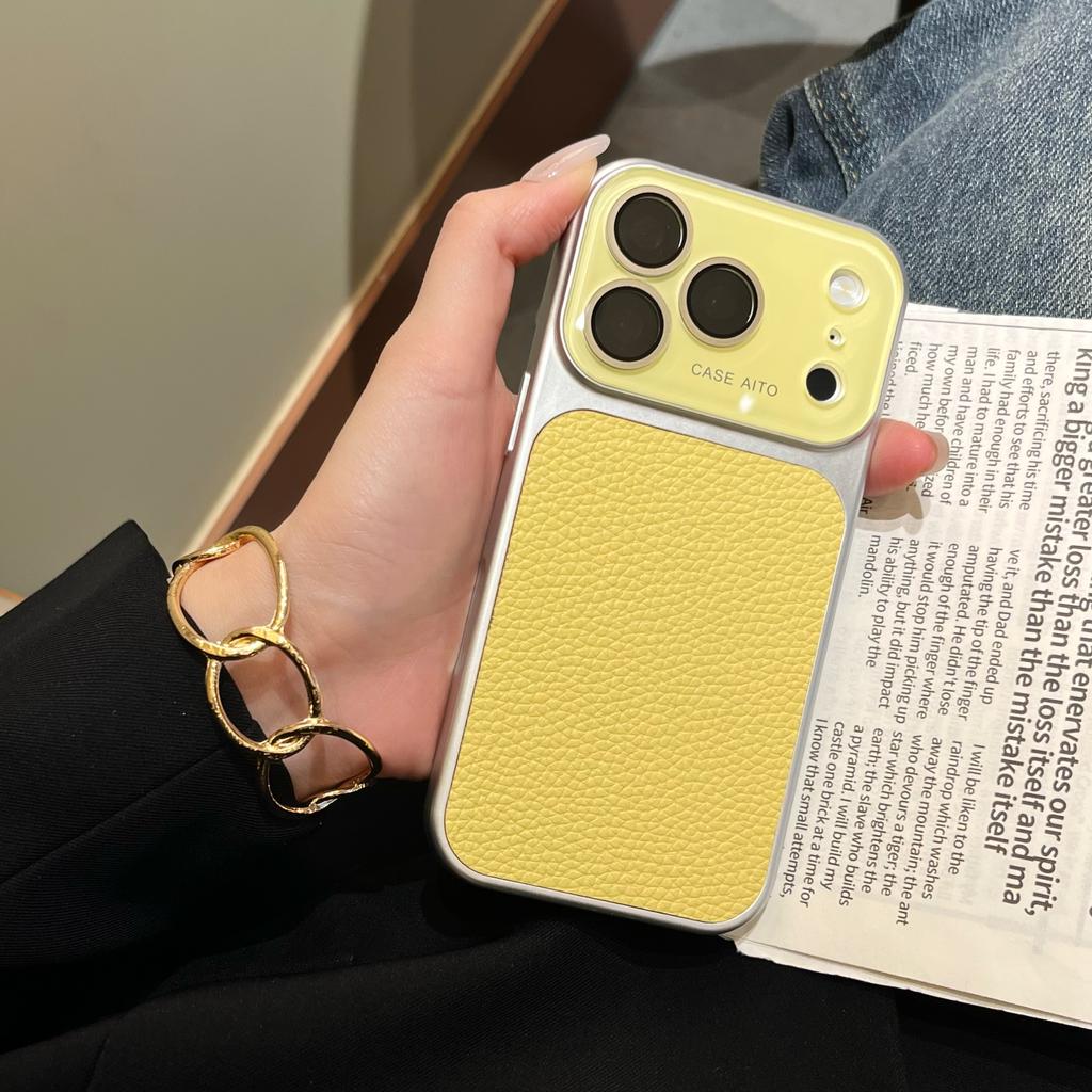 Luxury Lychee Solid Leather Color Case for iPhone 17 16 15 14 13 Pro Max Matte Shockproof Hybrid Glass Camera Protection Cover