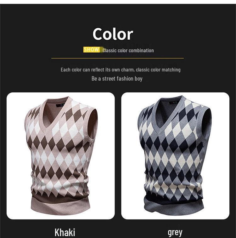 Men's Trendy V-Neck Plaid Color Block Knit Vest - Autumn/Winter Casual Warm Layer