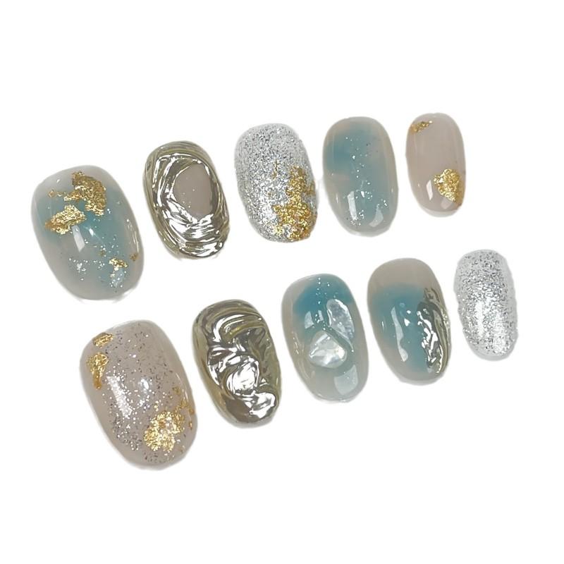 Short Oval Press-On Nails With Embossed Gold Foil Design Handmade Wearable Nail Tips Daily Use Minimalist Chic Style