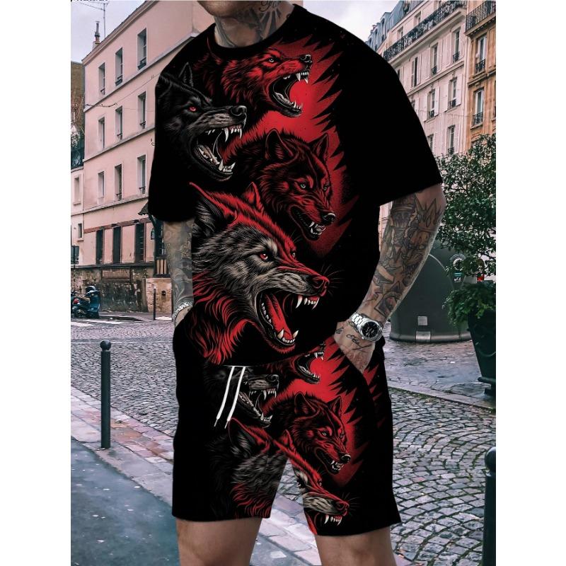 Men s Plus Size Summer Outfit: Wild Wolf Print T-Shirt  Shorts Combo. Stylish Dark Theme Activewear for Men s Casual Looks S разноцветный