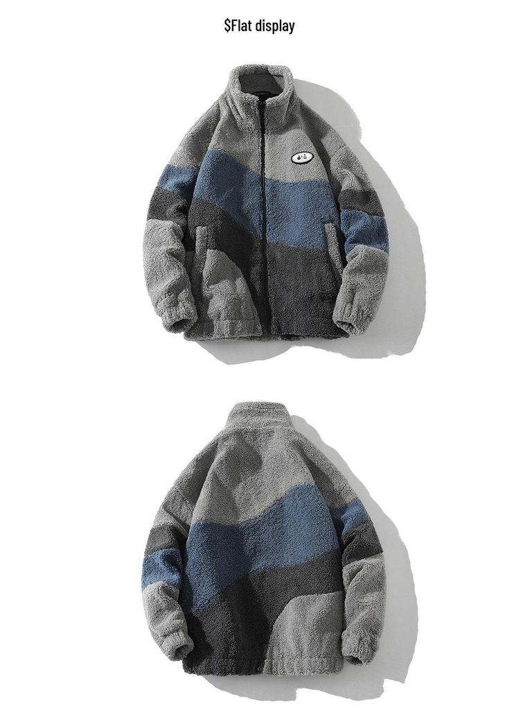 Men's Autumn-Winter Lambswool Fleece Jacket - Fashion Trend Color Block Stand-up Collar Coat