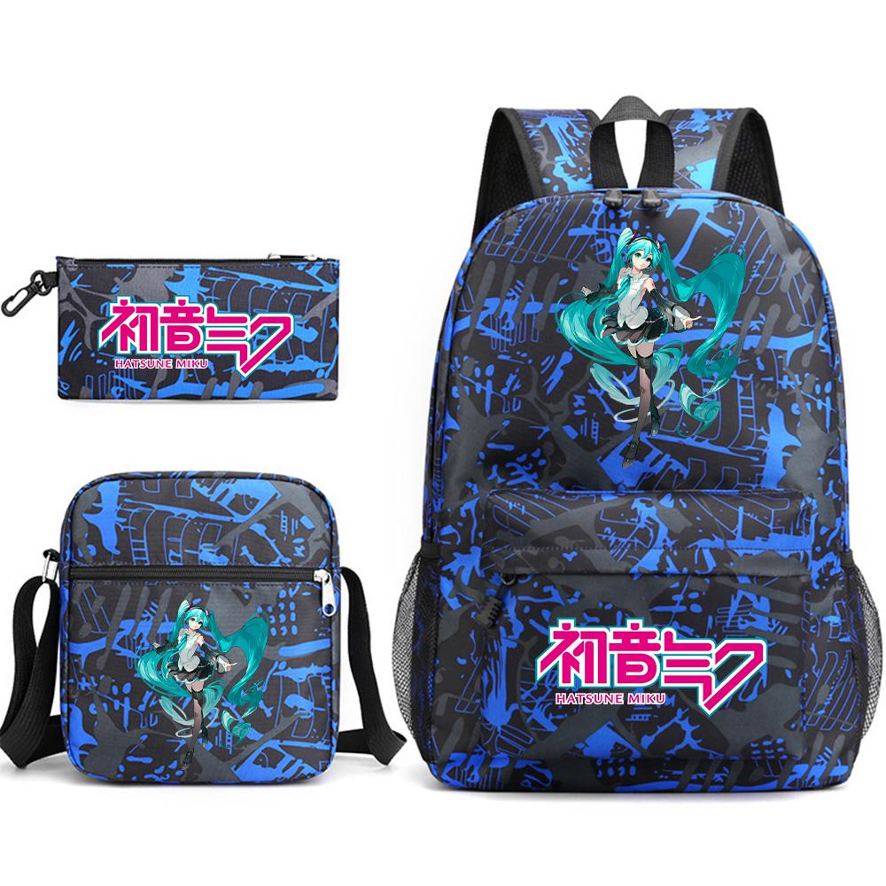 3Pcs/set Anime Cartoon Hatsune Miku Printed Backpack with Shoulder Bag Pencil Case for Teenager Student Boy Girl Large Capacity Waterproof Schoolbag